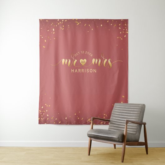 Roze Gouden Mr en Mrs Trouwfoto Booth Tafelkleed Wandkleed (In situ)