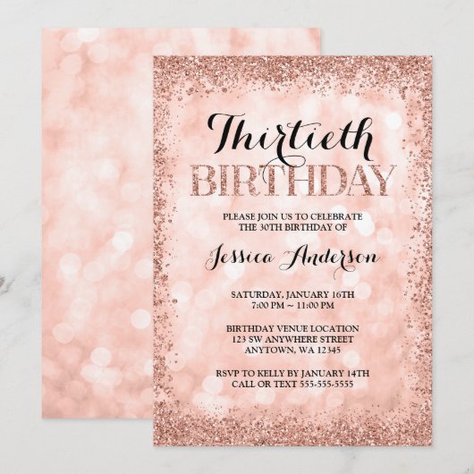 Roze Gouden Nep Glitter Lichtjes 30e Verjaardag Kaart (Voorkant / Achterkant)