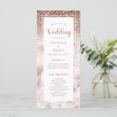 Roze Gouden Nep Glitter Marmer Script Bruiloft Programmakaart (Staand voorkant)