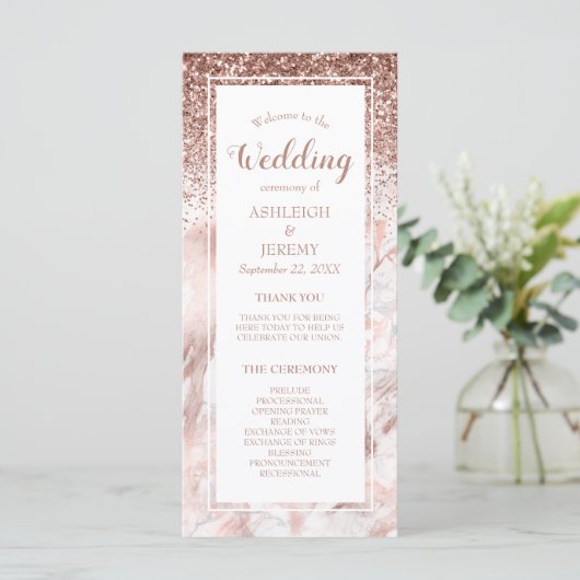 Roze Gouden Nep Glitter Marmer Script Bruiloft Programmakaart (Staand voorkant)