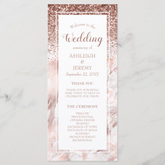Roze Gouden Nep Glitter Marmer Script Bruiloft Programmakaart (Voorkant)
