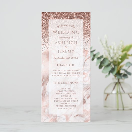 Roze Gouden Nep Glitter Marmeren Huwelijksprogramm (Staand voorkant)
