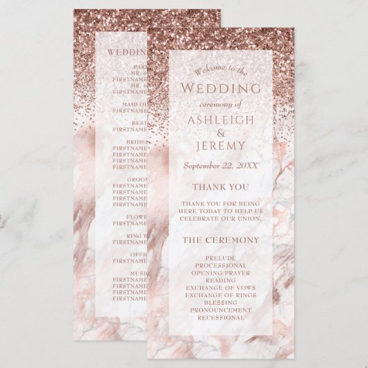 Roze Gouden Nep Glitter Marmeren Huwelijksprogramm (Voorkant / Achterkant)