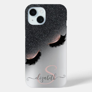 Roze Gouden Nep Wimpers Zwart Glitter Ombre Zilver iPhone 15 Case