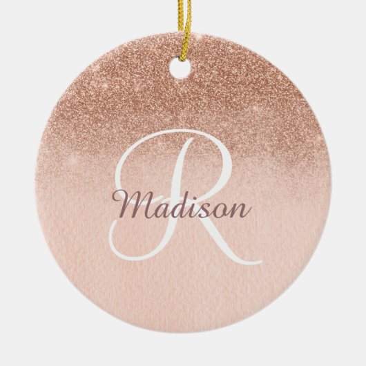 Roze Gouden Ombre Gepersonaliseerd Monogram Glitte Keramisch Ornament (Voorkant)