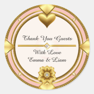 💖 Roze Gouden Ornament Huwelijksfeest Thema 🖤 Ronde Sticker