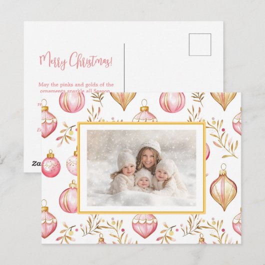 Roze Gouden Ornamenten Foto Kerst Briefkaart (Voorkant / Achterkant)