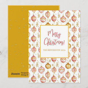Roze Gouden Ornamenten Vintage Christmas Feestdagenkaart