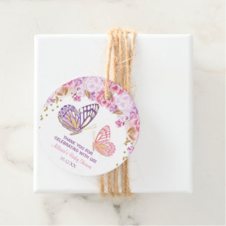 Roze gouden paarse bloemenvlinder baby shower bedankjes labels