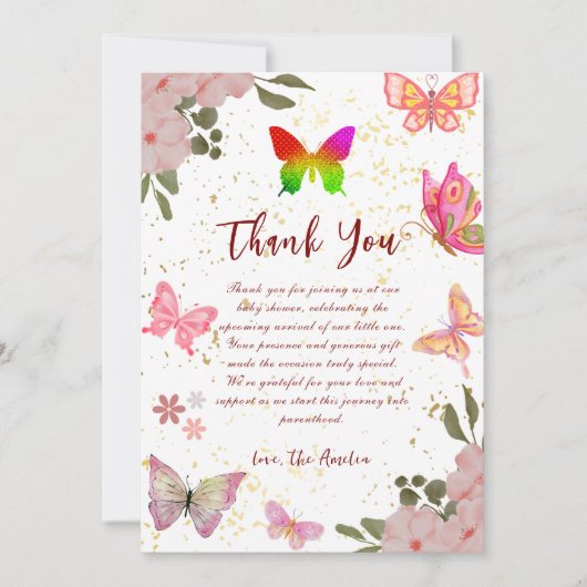Roze gouden paarse sierlijke vlinder meisje verjaa bedankkaart (Voorkant)