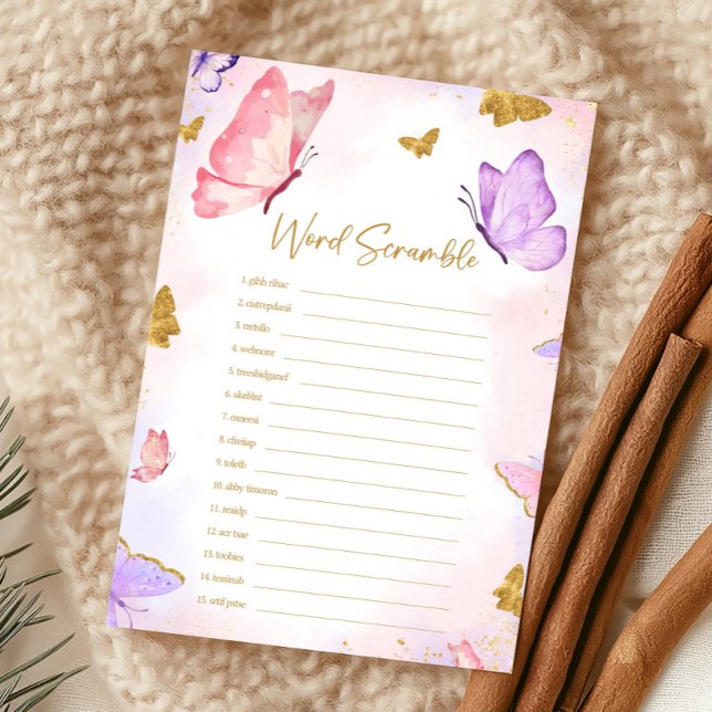 Roze Gouden Paarse Vlinder Shower Scramble Spel (Butterfly Baby Shower Game)