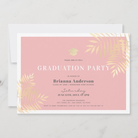 Roze Gouden Palm Tree Tropical Graduation Party Kaart (Voorkant)