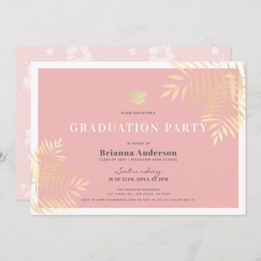 Roze Gouden Palm Tree Tropical Graduation Party Kaart (Voorkant / Achterkant)