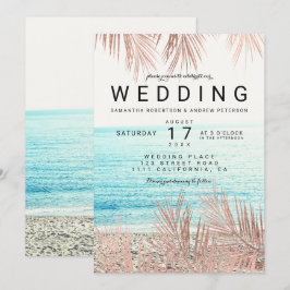 Roze gouden palmboom elegante strand foto bruiloft kaart