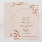 Roze Gouden Pampasgras Meisje Doop QR-code Kaart (Voorkant / Achterkant)