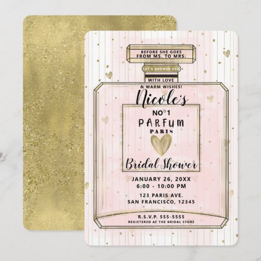 Roze & Gouden Paris Parfum Bruiloft Kaart (Voorkant / Achterkant)