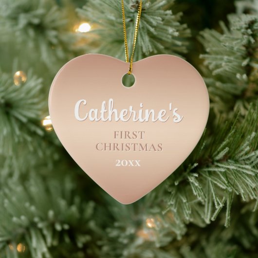 Roze Gouden Persoonlijke Eerste Kerstmis Hart Keramisch Ornament (Boom)