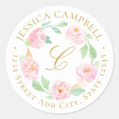 Roze Gouden Pioen Bloemenkrans Aangepast adres Ronde Sticker (Voorkant)