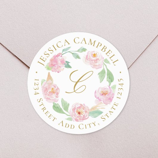 Roze Gouden Pioen Bloemenkrans Aangepast adres Ronde Sticker