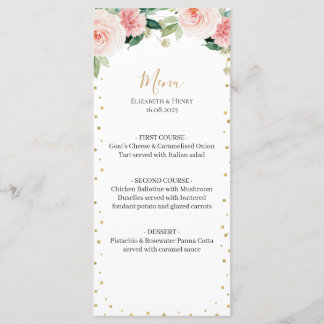 Roze gouden pioen bloemig elegant trouwmenu menu
