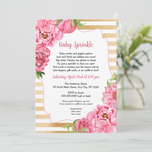 Roze gouden pioenen Baby Sprinkle Uitnodigingen (Staand voorkant)