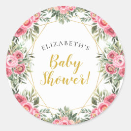 Roze Gouden Pioenrozen Baby Shower Ronde Sticker