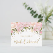 Roze gouden pioenrozen Chic Floral Be My Maid of H Kaart (Staand voorkant)