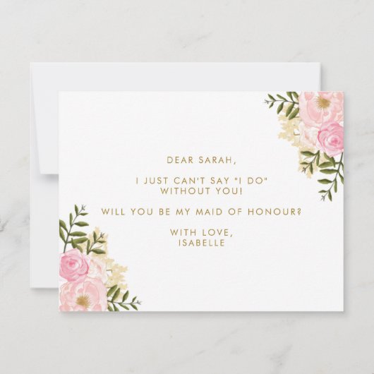 Roze gouden pioenrozen Chic Floral Be My Maid of H Kaart (Achterkant)