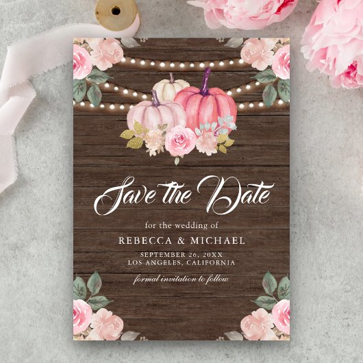 Roze Gouden Pompoen Bloemen Hout Huwelijk Save The Date