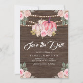 Roze Gouden Pompoen Bloemen Hout Huwelijk Save The Date (Voorkant)
