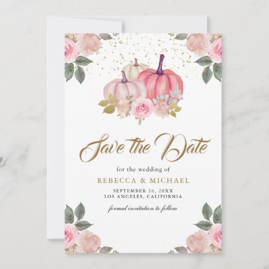Roze Gouden Pompoen Bloemen Huwelijk Save The Date (Voorkant)
