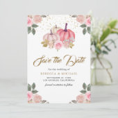 Roze Gouden Pompoen Bloemen Huwelijk Save The Date (Staand voorkant)