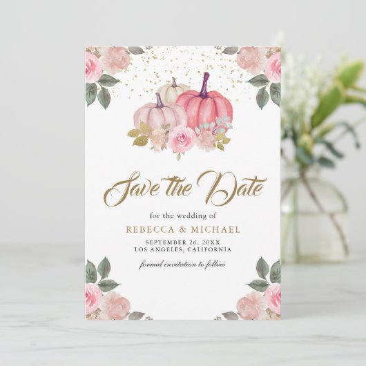 Roze Gouden Pompoen Bloemen Huwelijk Save The Date (Staand voorkant)