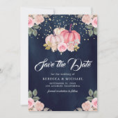Roze Gouden Pompoen Bloemen Marine Blauw Huwelijk Save The Date (Voorkant)