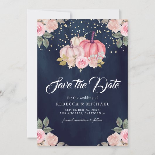 Roze Gouden Pompoen Bloemen Marine Blauw Huwelijk Save The Date (Voorkant)