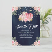 Roze Gouden Pompoen Bloemen Marine Blauw Huwelijk Save The Date (Staand voorkant)