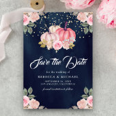 Roze Gouden Pompoen Bloemen Marine Blauw Huwelijk Save The Date