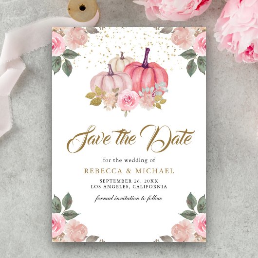 Roze Gouden Pompoen Bloemige Bruiloft Save The Date