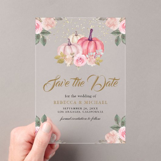 Roze Gouden Pompoen Bloemige Trouw Save the Date Acryl Uitnodigingen (Insitu (Draagbaar))