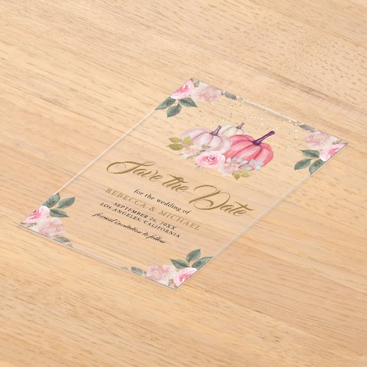 Roze Gouden Pompoen Bloemige Trouw Save the Date Acryl Uitnodigingen (Laagn)