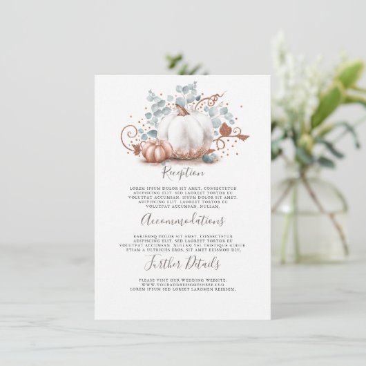 Roze Gouden Pompoen Bruiloft Details Informatie Informatiekaartje (Staand voorkant)