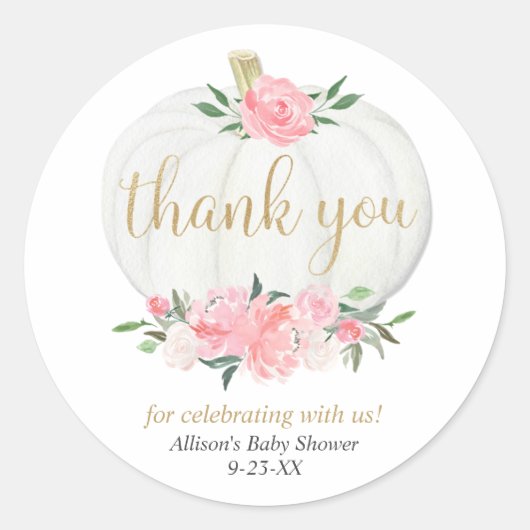 Roze gouden pompoen meisje baby shower floral ronde sticker (Voorkant)