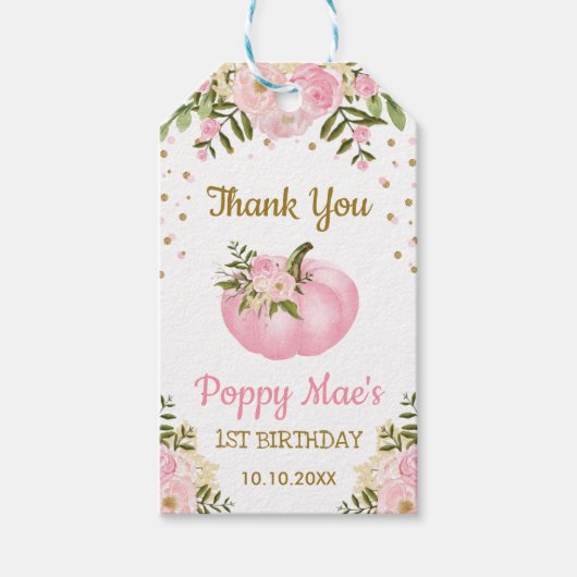 Roze Gouden Pompoen Meisje Verjaardagsfeestje Herf Cadeaulabel (Voorkant)