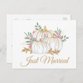 Roze gouden pompoen net getrouwd herfst bruiloft aankondigingskaart (Voorkant / Achterkant)