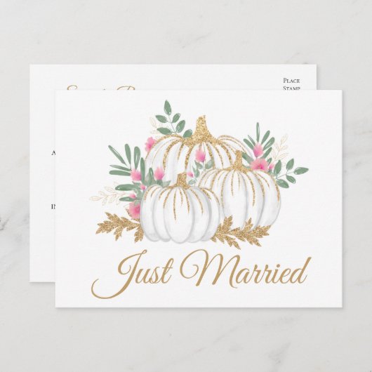 Roze gouden pompoen net getrouwd herfst bruiloft aankondigingskaart (Voorkant / Achterkant)