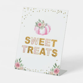 Roze Gouden Pompoen Verjaardag Sweet Treats Teken Reclamebord Met Voetstuk