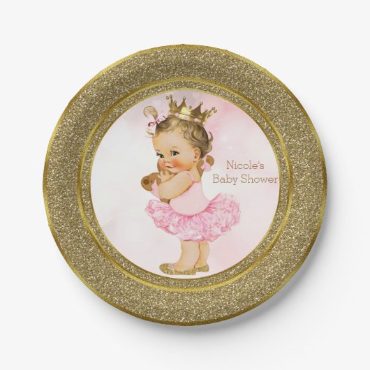 Roze Gouden Prinses  Baby Meisje Douche Party Papieren Bordje (Voorkant)