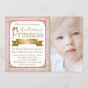 Roze Gouden Prinses Eerste Verjaardagsfeestje Kaart