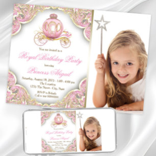 Roze Gouden Prinses Foto Verjaardagsfeestje Kaart