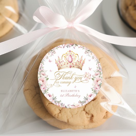 Roze Gouden Prinses Kroon 1e Verjaardag Ballonnen Ronde Sticker